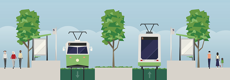 Light rail and streetcar tramways with grass